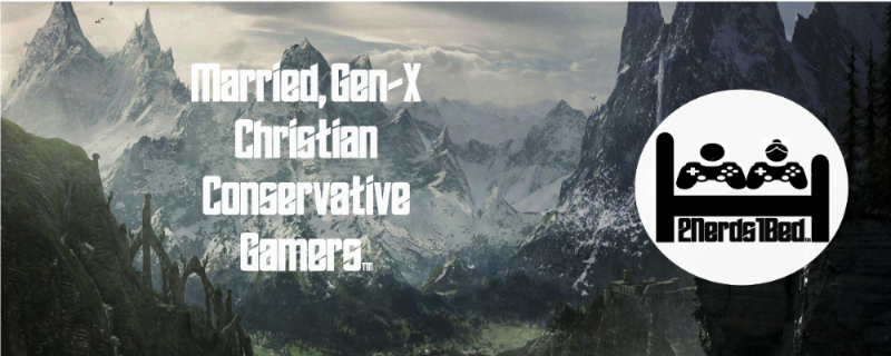 Mountainous landscape with text 'Married, Gen-X Christian Conservative Gamers' and a logo on the right.